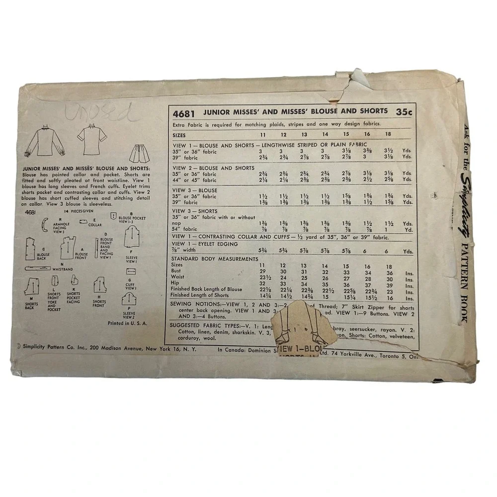 Simplicity‎ Vintage 1950's Pattern #4681 Junior/Misses Blouse/Shorts Size 14